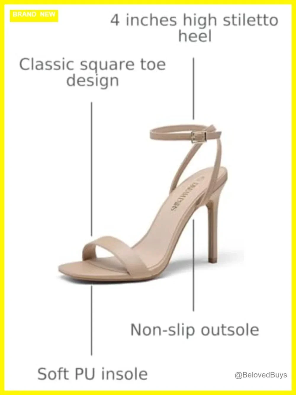 Open Square Toe Stiletto Heels with Ankle Strap Faux Leather
